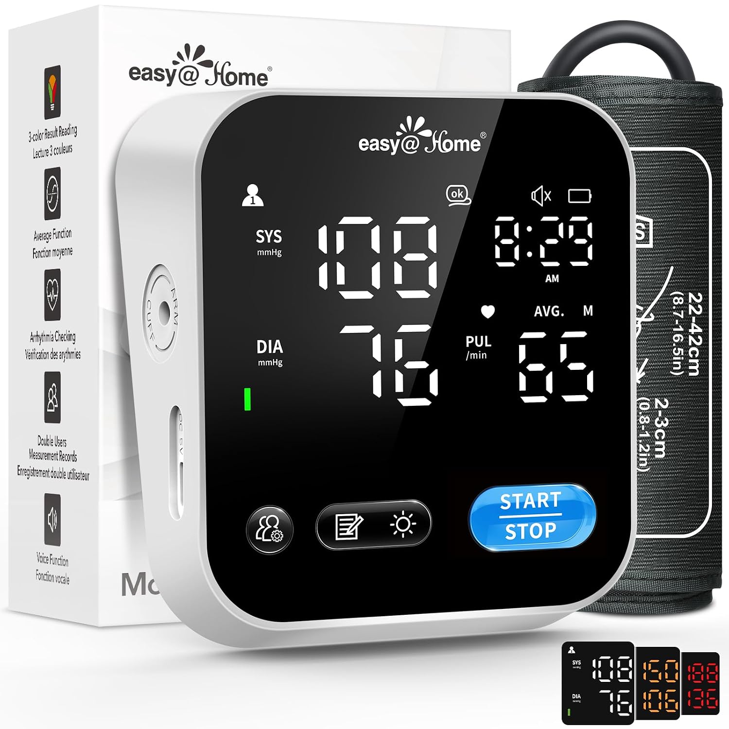 Blood Pressure Machine for Home Use: Easy@Home 3-Color Result Reading Blood Pressure Monitor - LED Backlit Screen & Voice ...