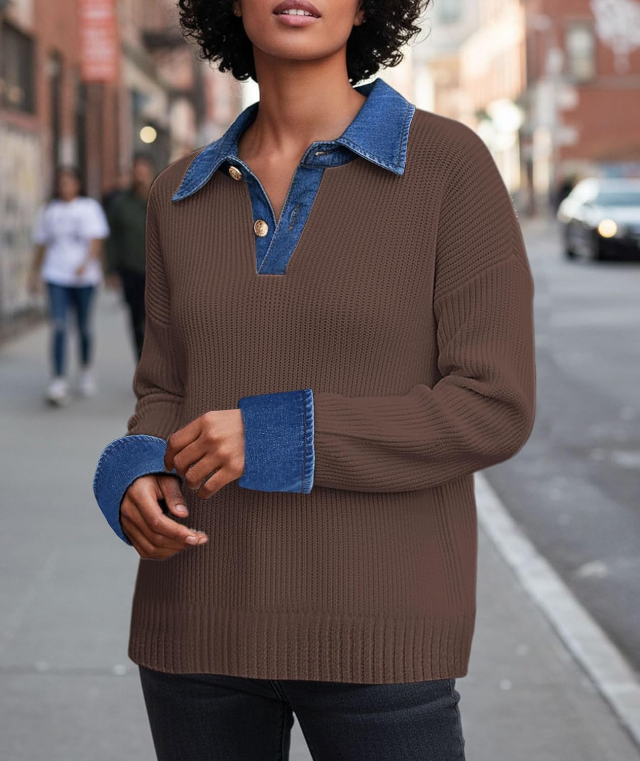 Women’s Sweaters Long Sleeve Denim Lapel V Neck Buttons Closure Pullover Tops Casual Winter Polo Sweater - Image 4