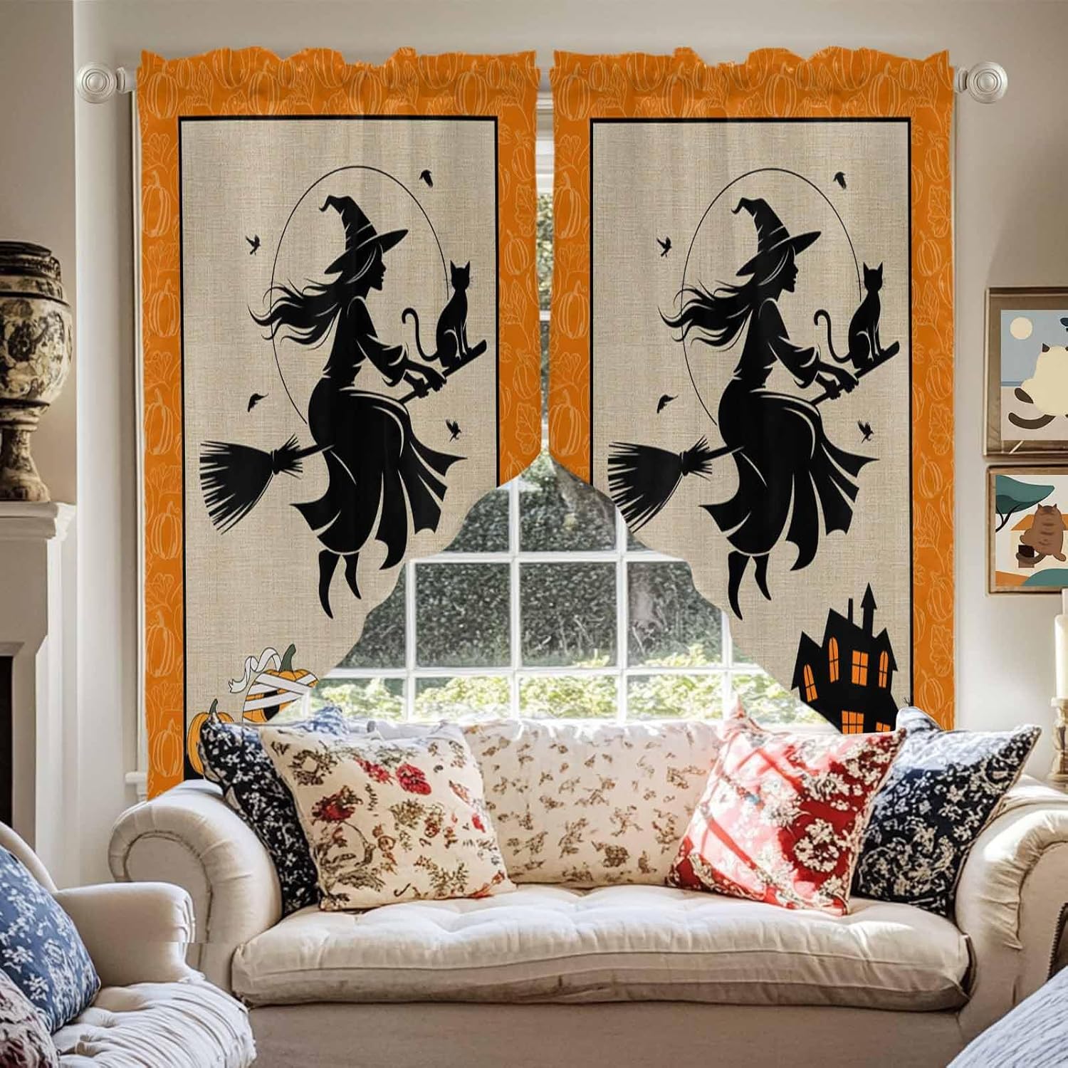 Swag Curtain,Witch Black Cat Pumpkin Magic Castle Halloween Kitchen Valances Rod Pocket Curtains Tier Pair Swag Topper,Wizard Vintage Linen 2 Panels Window Treatment for Bathroom Living Room Bedroom