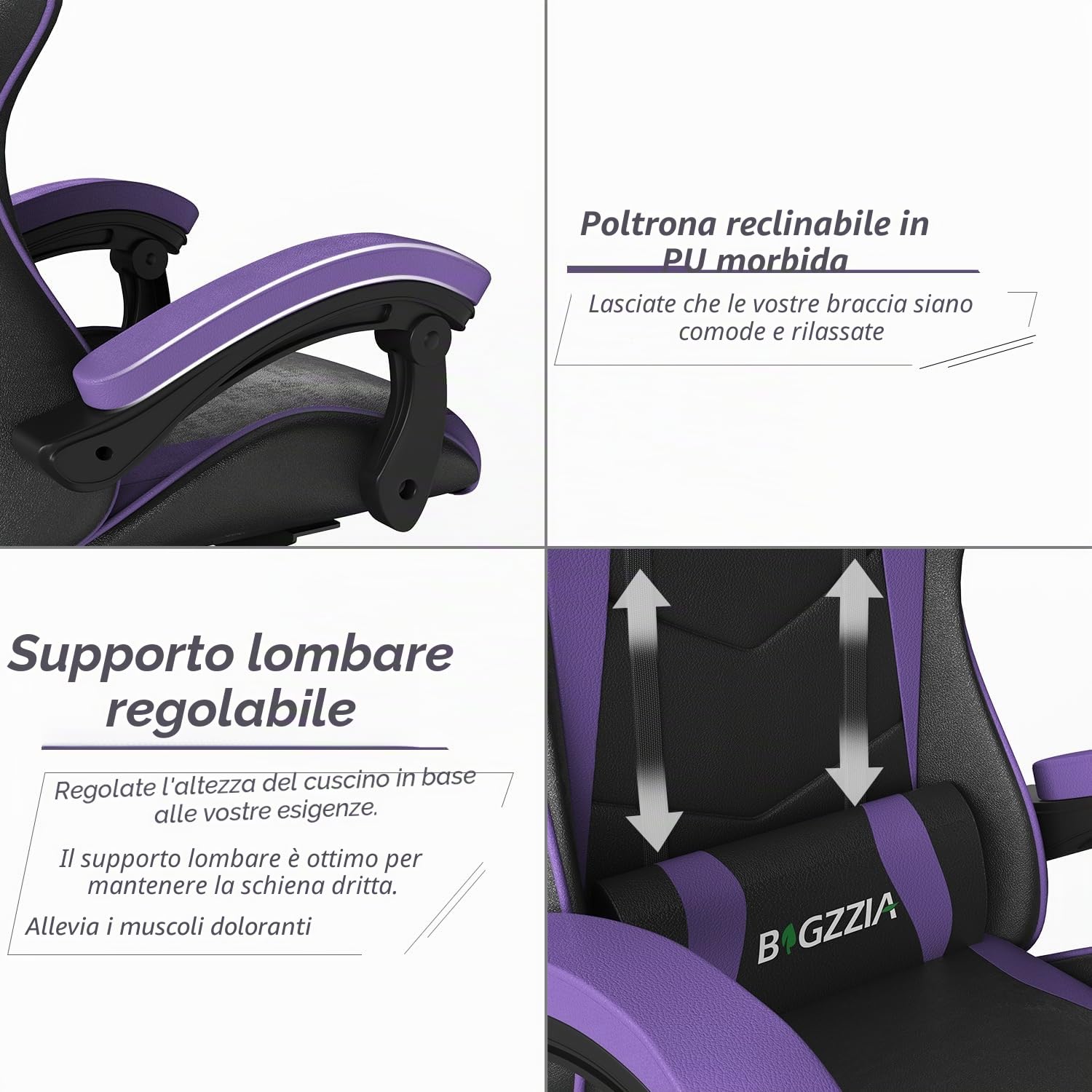bigzzia Sedia da Gaming, Ergonomica, Per Gamer, con Cuscino Lombare e Poggiatesta, Regolabile in Altezza, Sedia Per Computer, Per Ufficio (Viola)