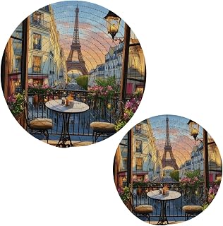2 Pcs Woven Kitchen Potholders Trivets Set, Pairs Street View Balcony Cafe Eiffel Tower Round Hot Mats Coasters Placemats for Cooking Baking Hot Dish Pan Pot Bowl Teapot(7&9 Inches)