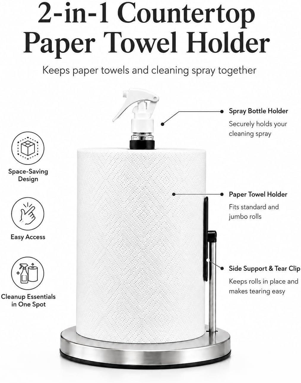 Countertop Paper Towel Holder with Spray Bottle, 2-in-1 Modern Stainless Steel Paper Towel Stand for Kitchen, Standing Weighted Non-Slip Base for Easy One-Handed Tearing, Silver image 5