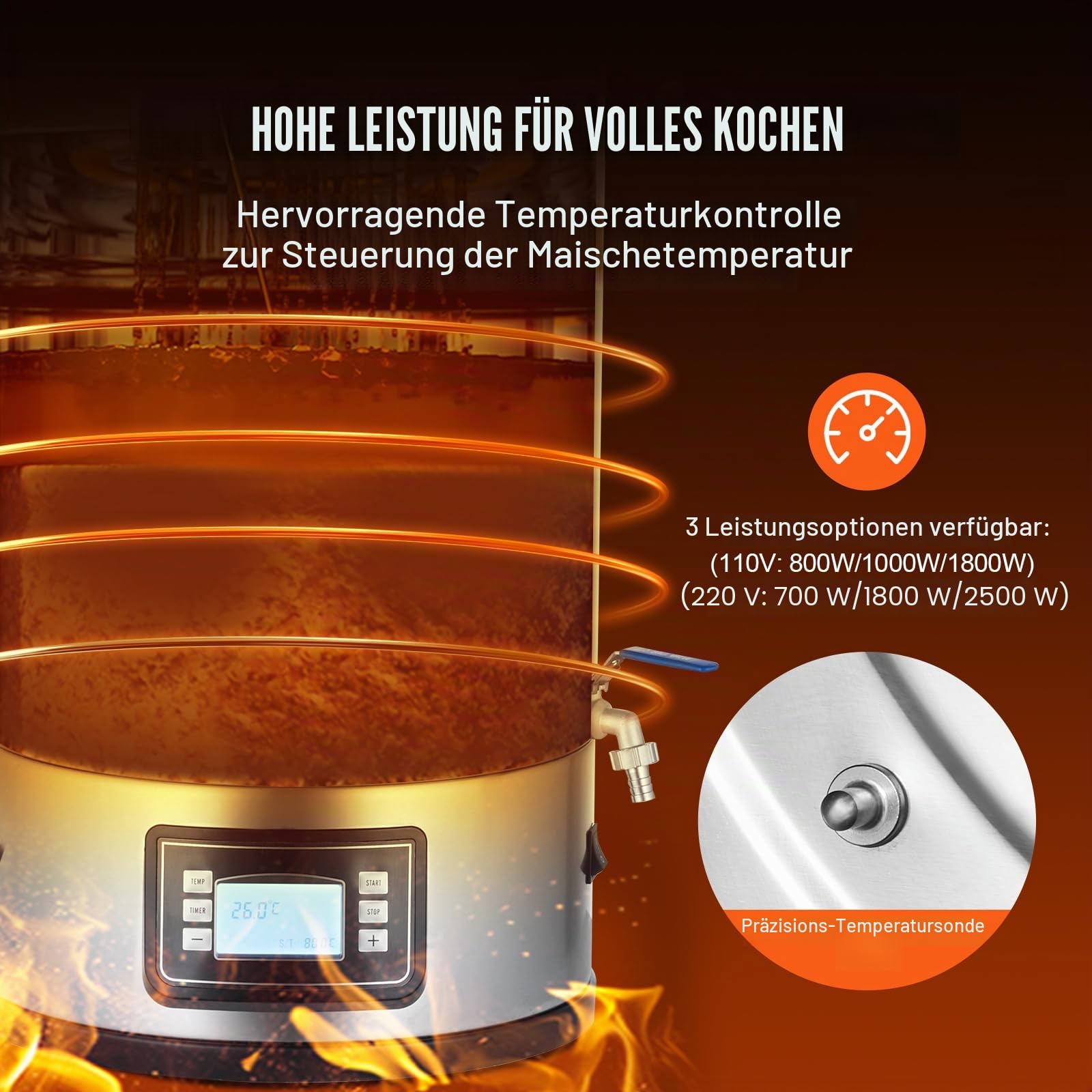 VEVOR Edelstahl Bierbrauanlage Wasserkocher 35 L, Wasserkocher zum Brauen, Heimbrauzubehör für Bier, Bierbraugerät Set inkl. Glasdeckel, Griff, Zapfhahn, Elektronische Bedienblende Gewerblich