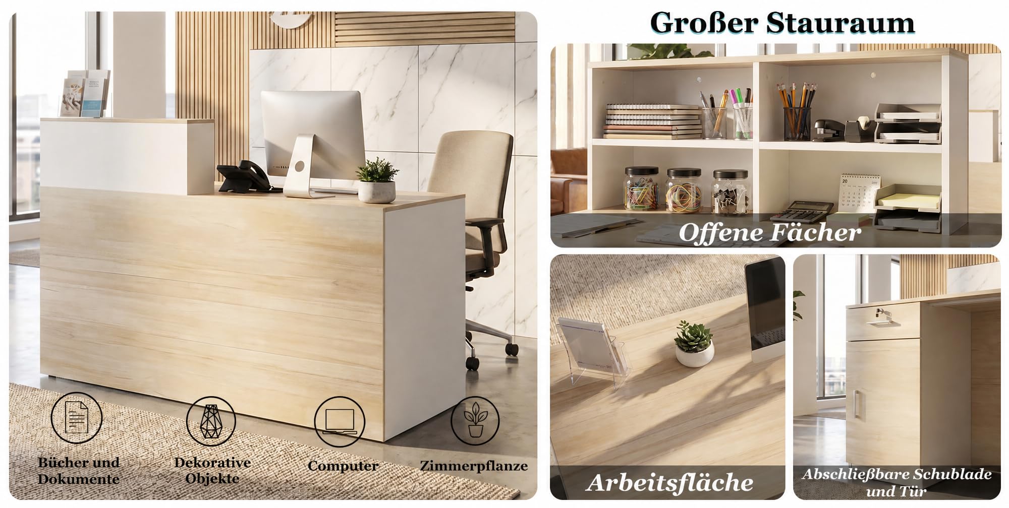 Caldion Rezeptionstheke 140cm mit Schublade und Regalen Weiß Eiche 140x60x110cm