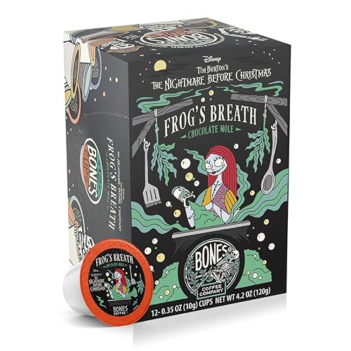 Bones Coffee Company - Cápsulas de café con sabor a Frog's Breath y mole de chocolate, 12cápsulas de una sola porción, cápsula para Keurig de