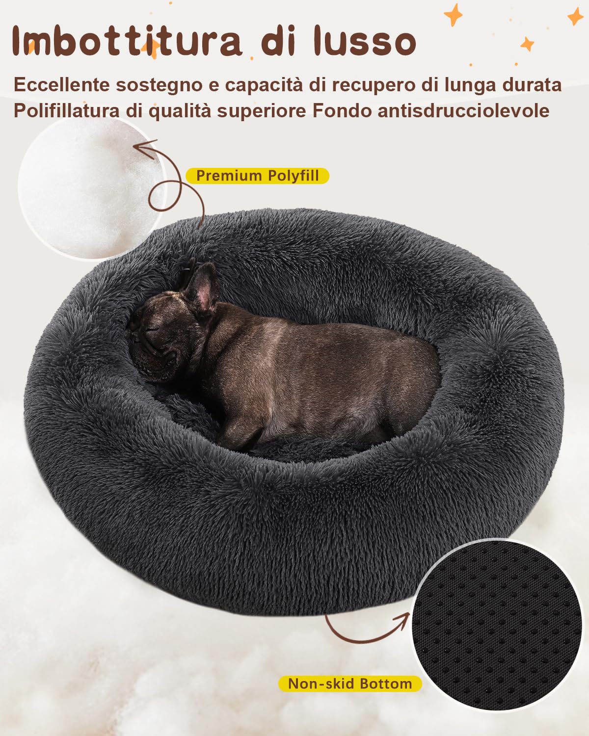KSIIA Cuccia Gatto Cane Rimovibile, Cuccia Cane Interno Lavabile, Rotonda, Ø 90 cm, Morbida Cuscino per Cani in Peluche Lungo, Lettino per Cani Taglia Media, Grigio Scuro