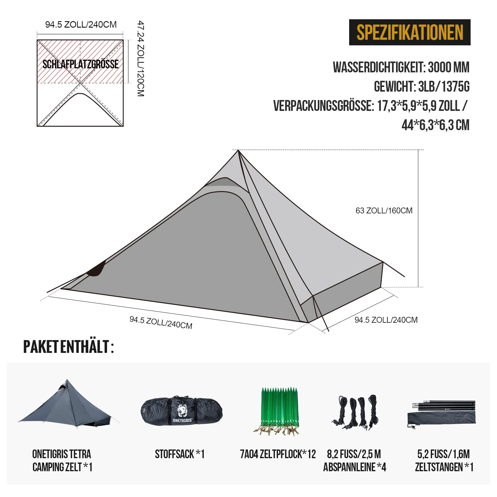OneTigris Tetra Tente ultralégère Tipi 1-2 Personnes, randonnée Tente à arceaux avec Maille intérieure, Tente de Camping imperméable 3 Saisons, idéal pour Le Camping en Plein air, Sac à Dos Tourisme