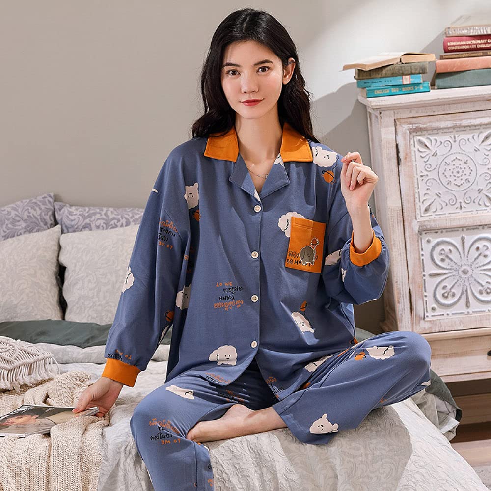 Manga Larga Pijama De Mujer De Dos Piezas,Conjunto De Pijamas para Mujer, Solapa, Manga Larga, con Botones, Ropa De Dormir De Algodón, Estampado Animal, Azul Marino, Ropa De Casa, Ropa De Dormir Pa