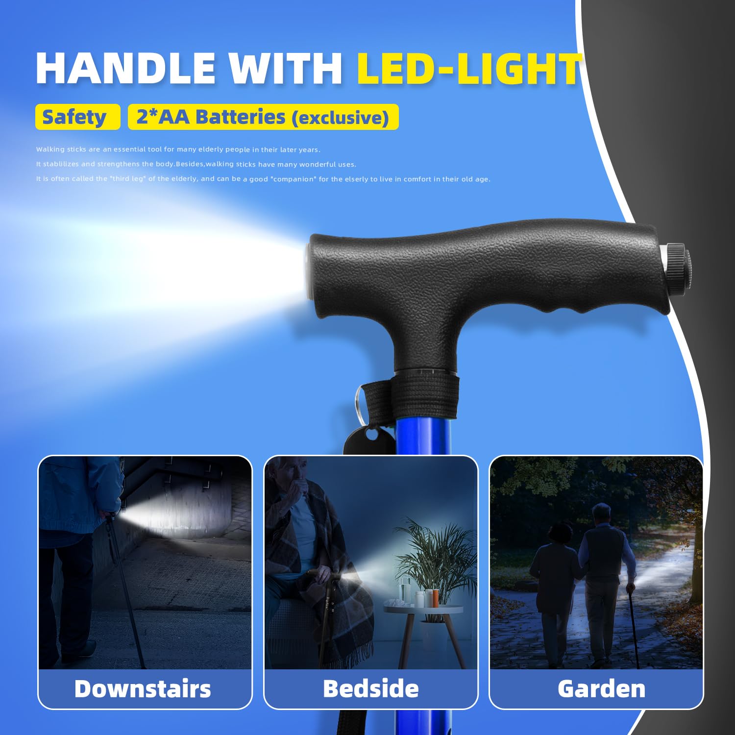 BigAlex Bastone Pieghevole con Luce LED, Bastone da Passeggio Regolabile con Manico Ergonomico, Leggero e Compatto per Uomo Donna e Base Quadrata Antiscivolo per Anziani