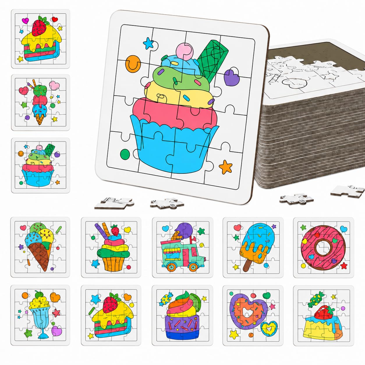 Cinrobiye 24 Pcs Ice Cream Coloring Puzzle Craft Kit for Kids, DIY Candy Donut Jigsaw Puzzles Bulk with 12 Designs, Sweet Treat Arts and Crafts for Birthday Party Favors, Classroom Rewards