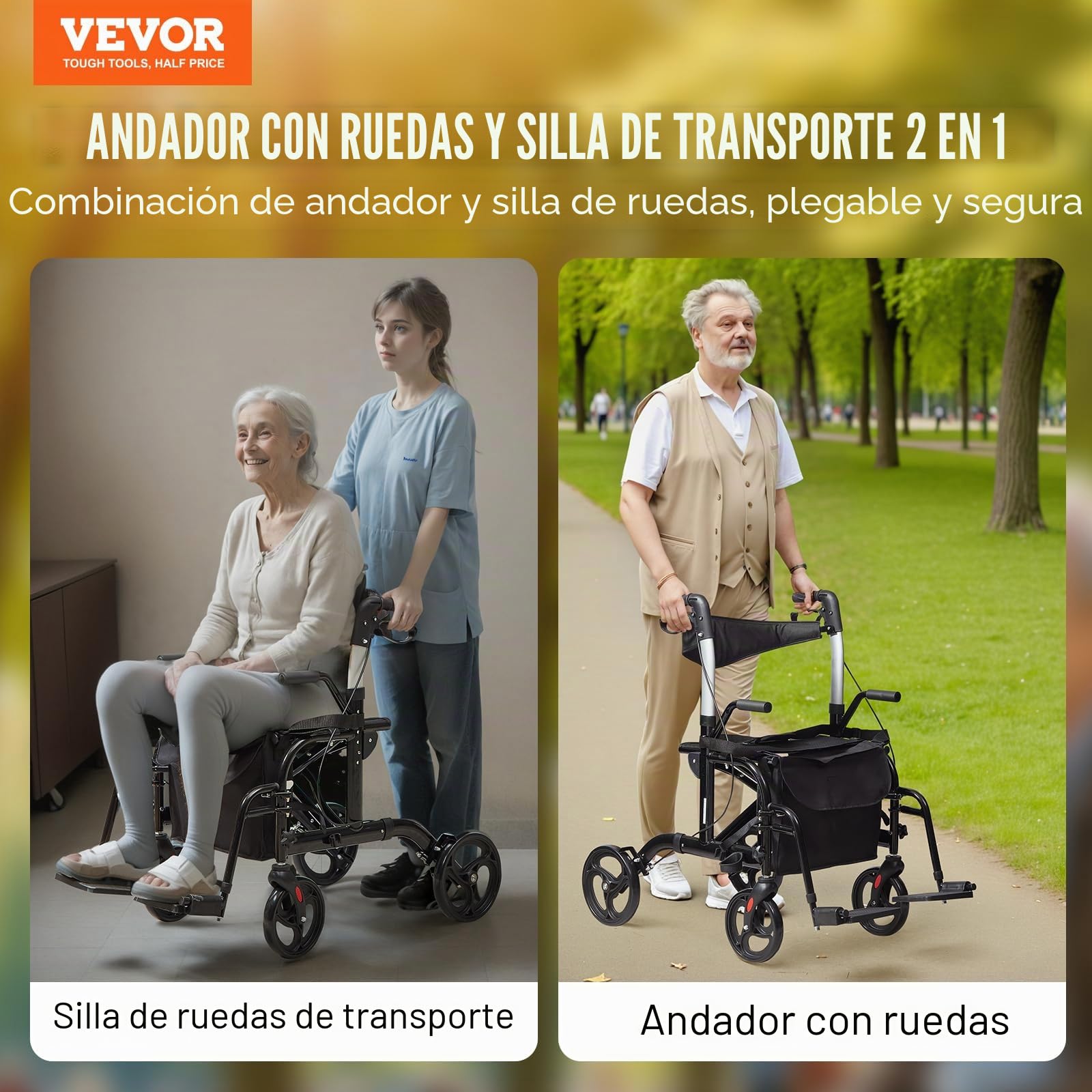 VEVOR Andador con Ruedas y Silla de Transporte para Personas Mayores, Andador Plegable con Ruedas y Reposapiés, Andador de Movilidad de Aluminio Ligero con Mango Ajustable, Ruedas Todo Terreno, 136 kg