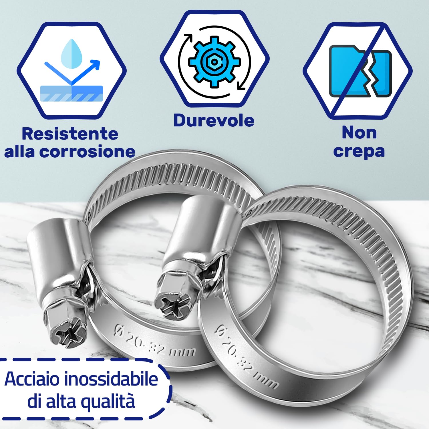 20 Fascette Metalliche In Acciaio Inox 304 - Per Tubi Da 32mm - Fissaggio Robusto - Foto 1