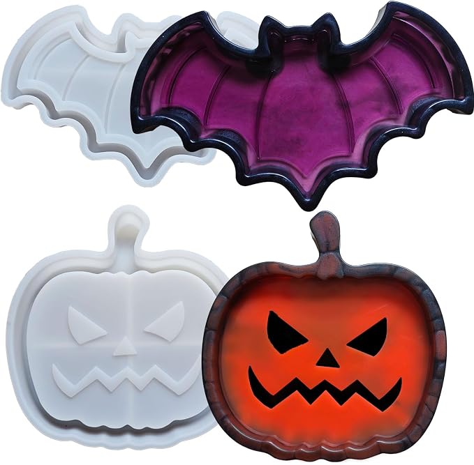 2 Set of Bat Pumpkin Tray Storage Resin Mold Molds Epoxy Resin Pumpkin Bat Shaped Halloween Tray for Fruit Candy Jewelry Cup Holder Container, DIY Making Decor Art Crafts