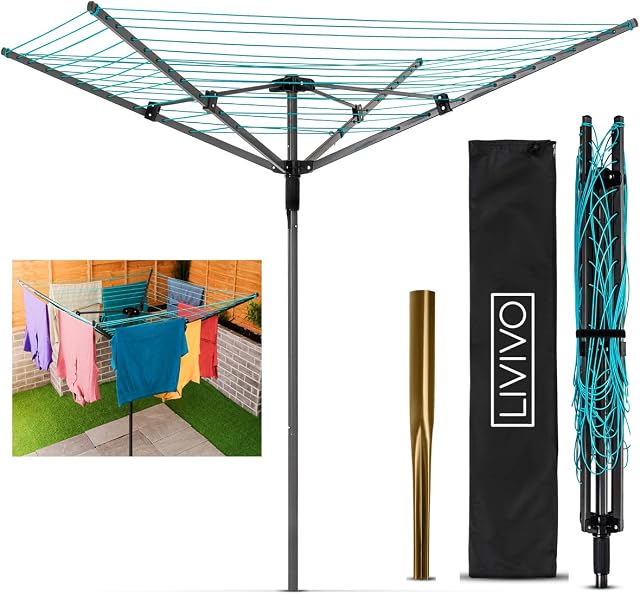 LIVIVO Heavy Duty Folding 4 Arm Rotary Garden Washing Line Clothes Airer Dryer, 45m with Cover, Metal Ground Spike Included