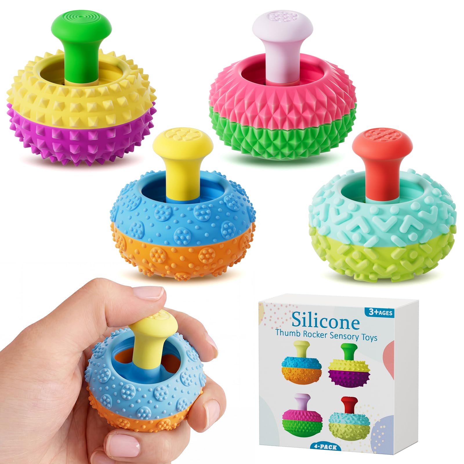 Silicone Thumb Rocker Fidget Toys 4 Pack, Quiet Sensory Toys for Autism ADHD Anxiety, Silent Desk Gadgets for Kids Adults Teens, Stocking Stuffers for Men Women Teen Gifts (Vibrant Gradient)