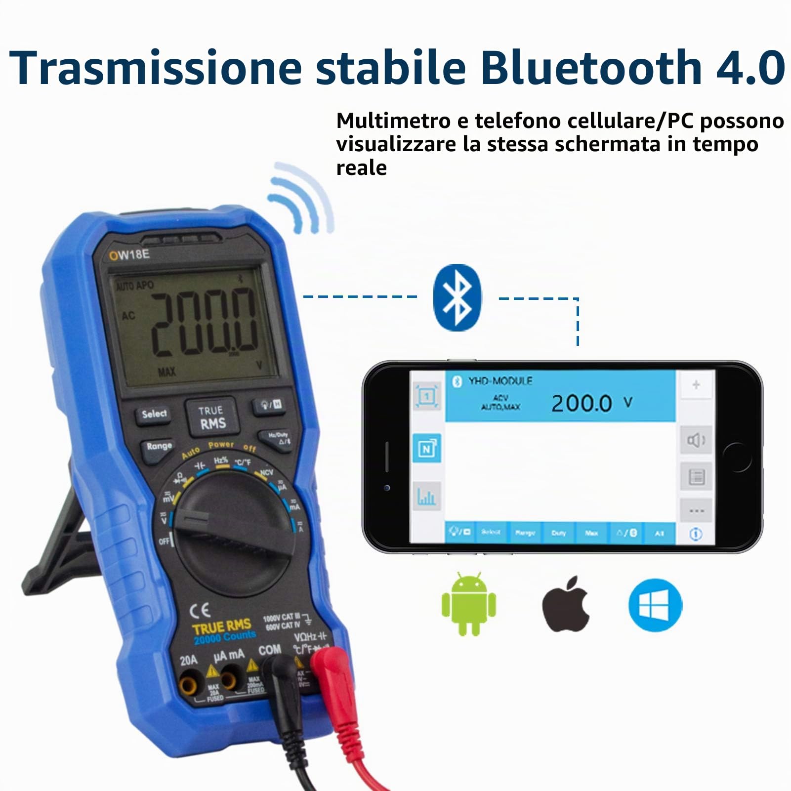 owon OW18E - Multimetro digitale Bluetooth, 20000 conti multimetri, voltmetro amperometro ohmmetro controllo circuito con fili di prova LCD retroilluminati, registratore dati T-Rms NCV
