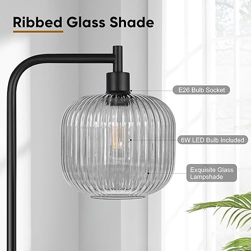 Miniatura 6 de QiMH Lámpara de pie de cristal para sala de estar, lámpara de pie moderna con interruptor de pedal de pantalla de vidrio gris acanalado, lámpara de