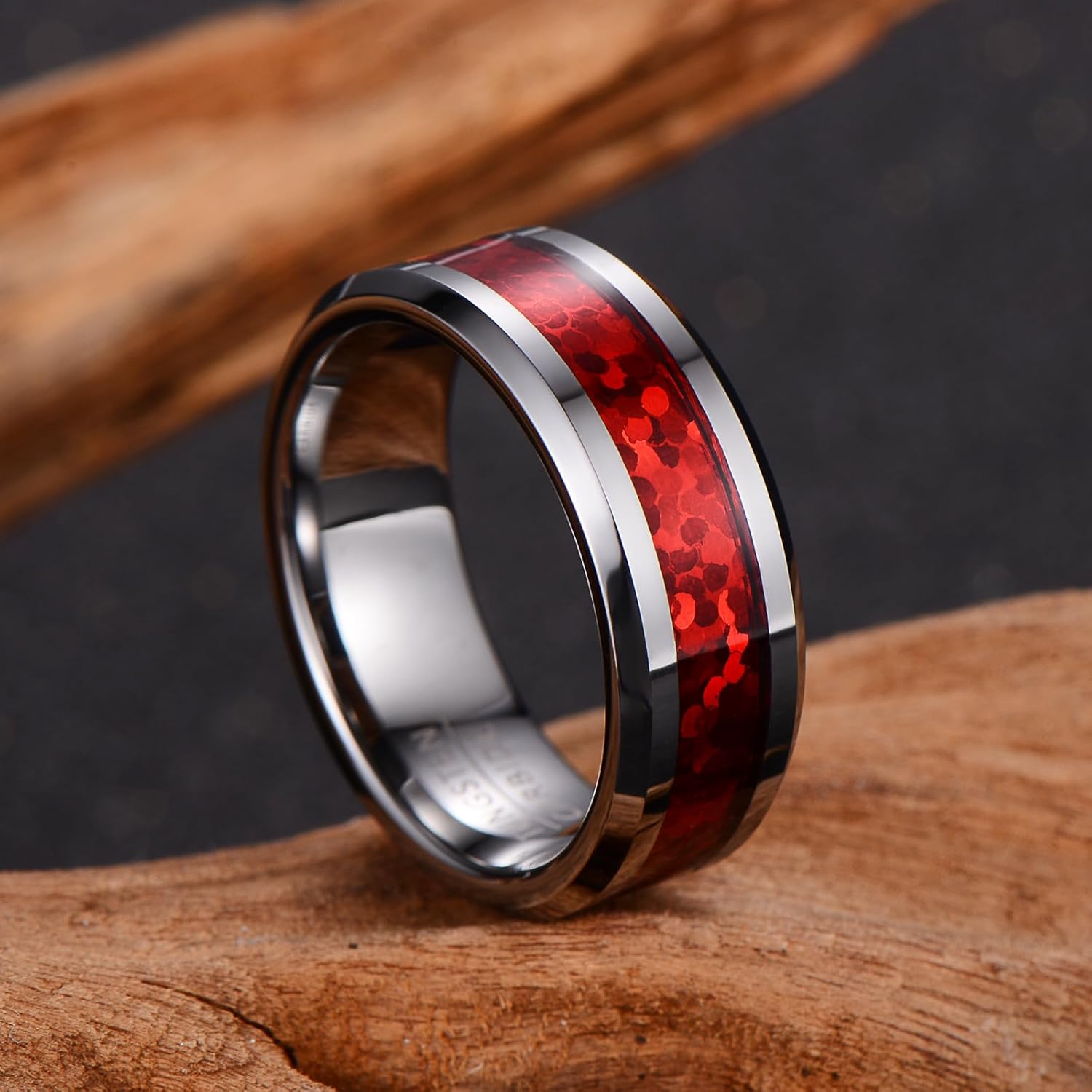 Tungsten Wedding Band with Colorful Inlay, 8mm Wide Beveled & Polished Edges