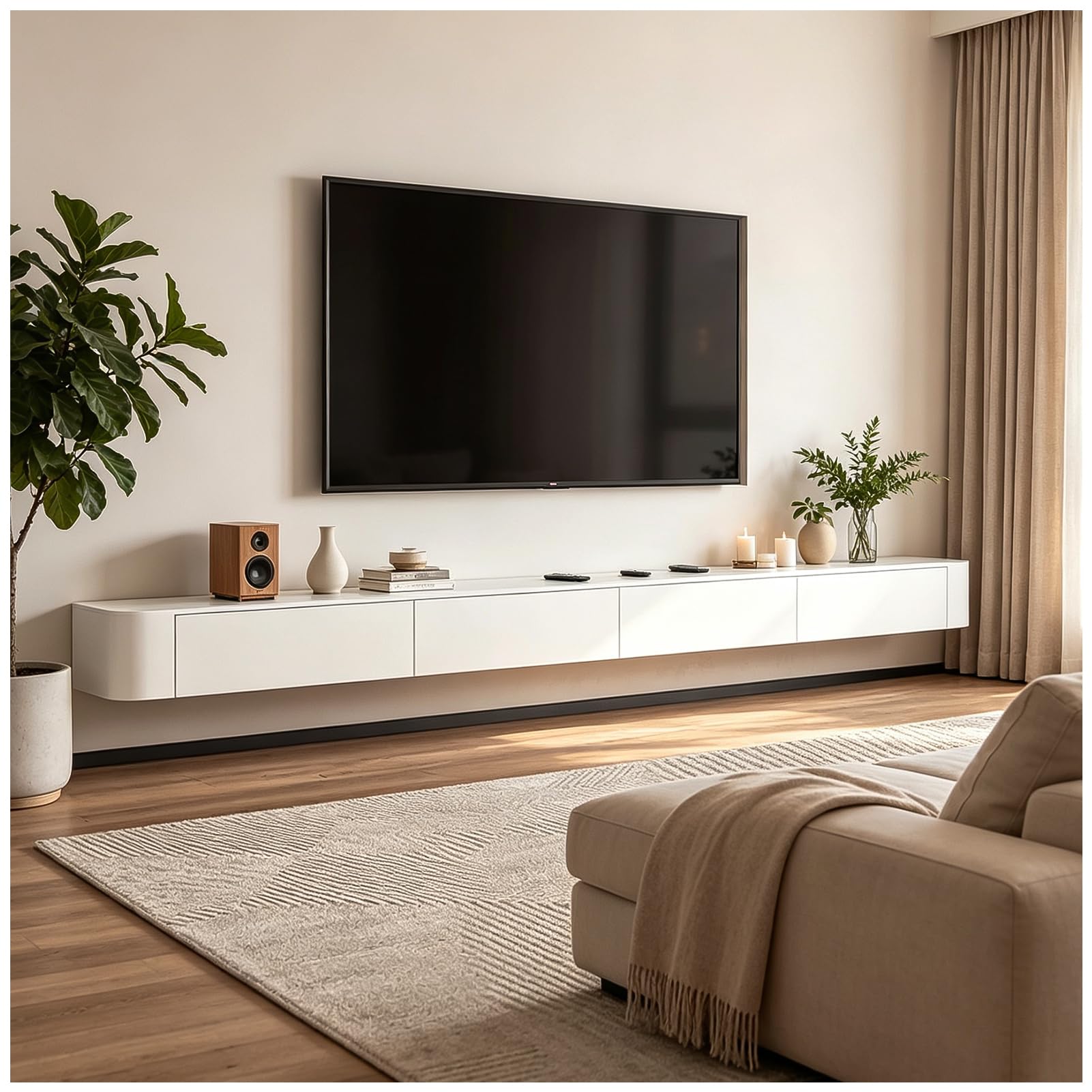 Moderne Cabinet de télévision Murale 300cm, Console multimédia Flottante élégante avec Stockage caché, Centre de Divertissement d'économie d'espace pour Le Salon, Blanc