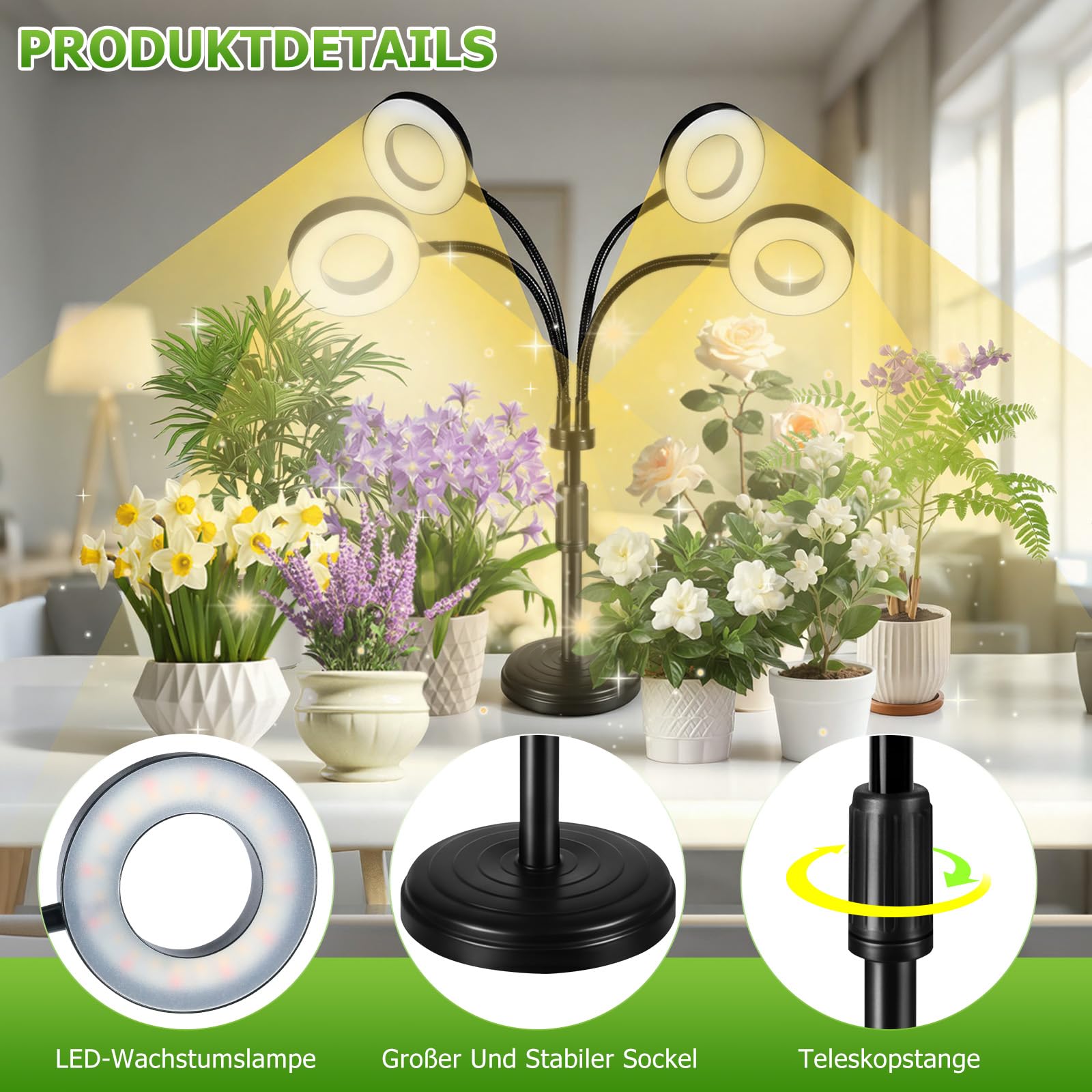 Pflanzenlampe LED Vollspektrum, 100 LEDs Grow Lampe mit 4/8/12H Timer, 4-Kopf Pflanzenlicht mit flexiblem Schwanenhals, Höhenverstellbares Pflanzenlicht für Zimmerpflanzen Pflanzenregal