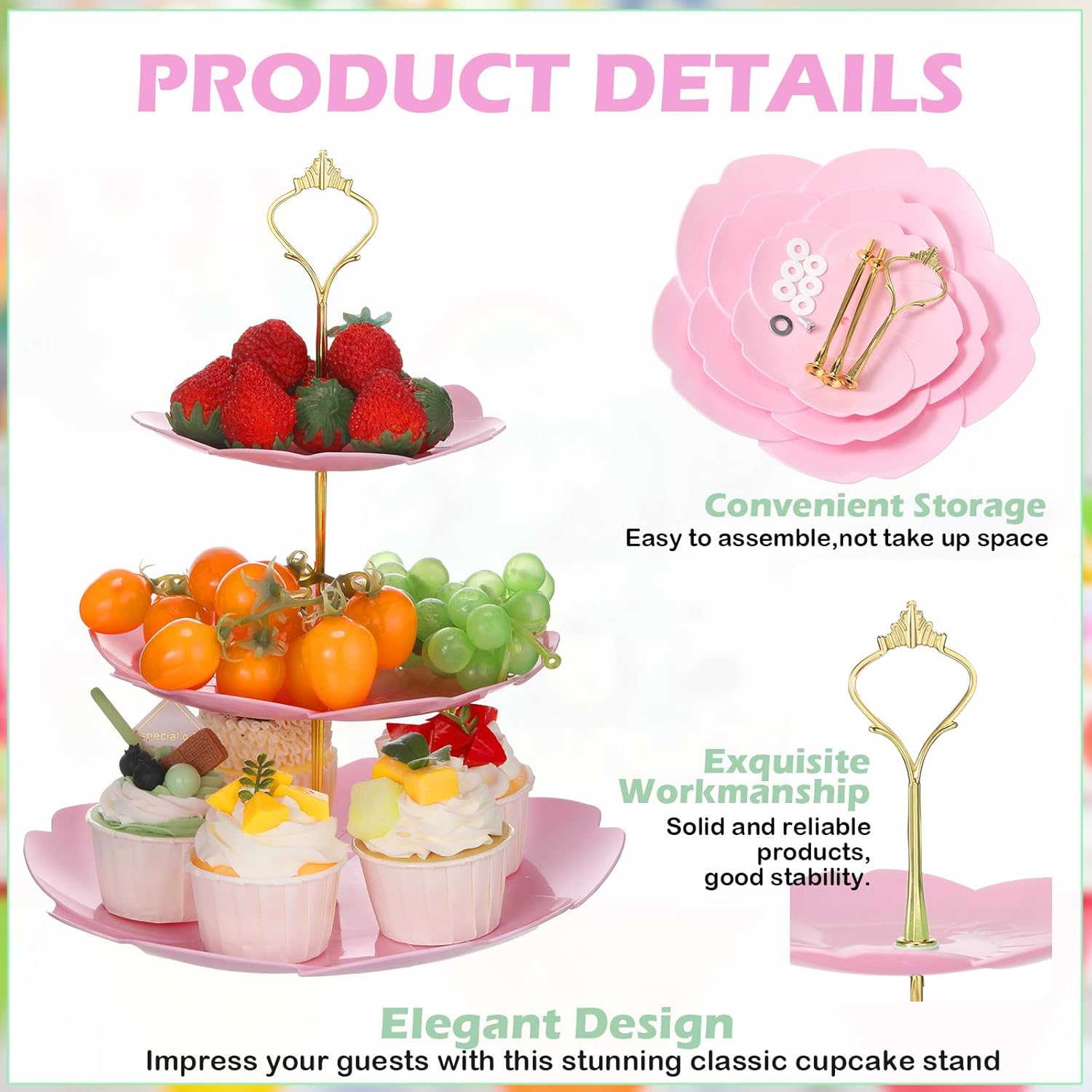 6 Sets Tea Party Decorations of 3 Tier Plastic Cupcake Stand Dessert Plates Cake Fruit Candy Display Tower for Wedding Birthday Baby Shower Tea Party Decorations (Sakura)