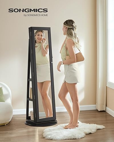 Miniatura 2 de SONGMICS Armario giratorio de 360, organizador de joyas con cerradura con espejo de cuerpo entero, estantes de almacenamiento traseros, espejo