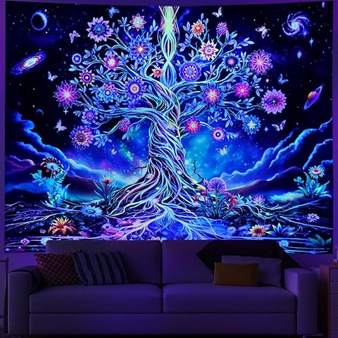 Ameyahud Blacklight Tree of Life Tapestry UV Reactive Neon Tree Tapestry Galaxy Space Tapestries Flower Floral Aesthetic Tapestries Fantasy Forest Wall Hanging Decor for Home
