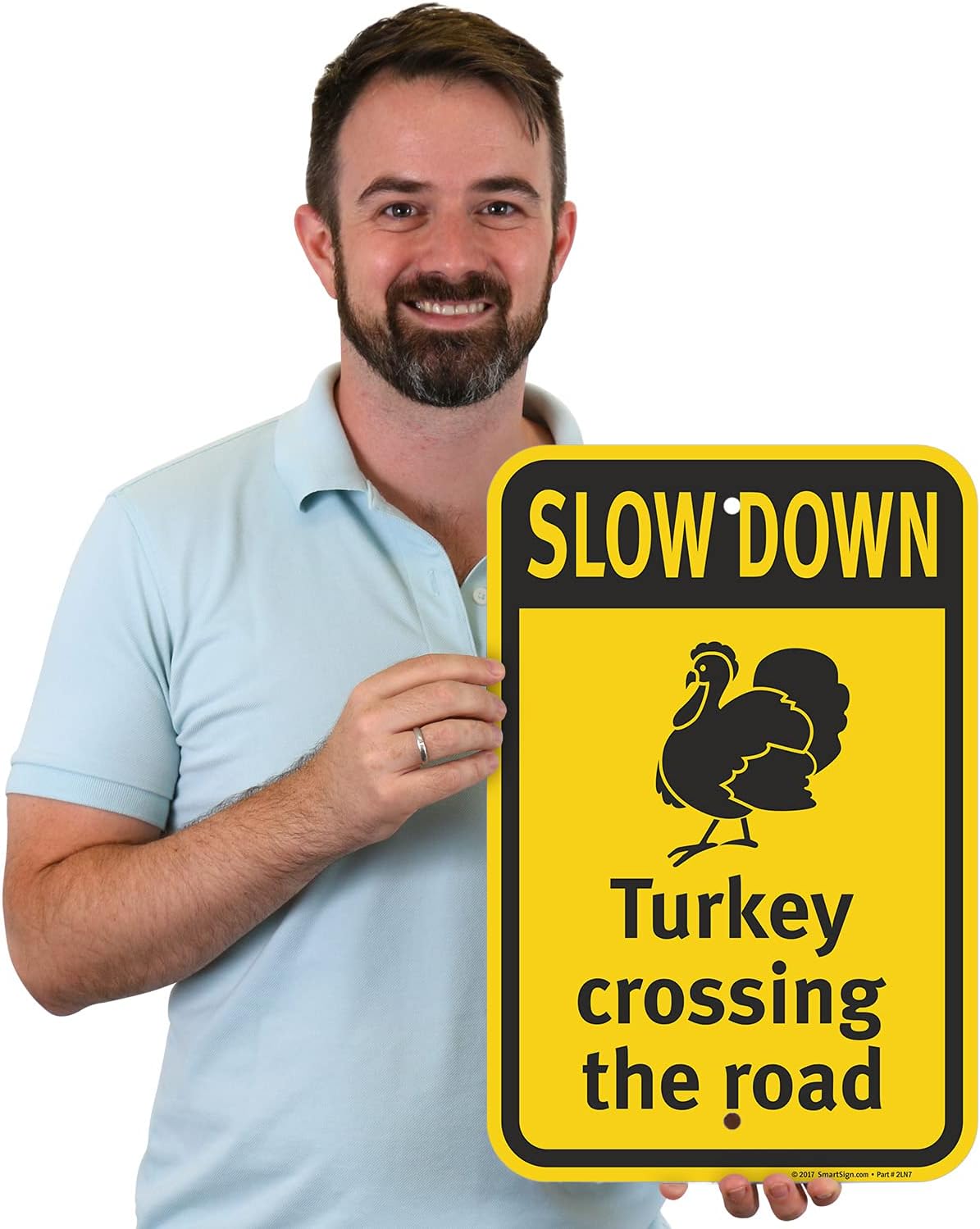 SmartSign 18 x 12 inch “Slow Down - Turkey Crossing The Road” Metal Sign, 63 mil Laminated Rustproof Aluminum, Black and Yellow, Made in USA