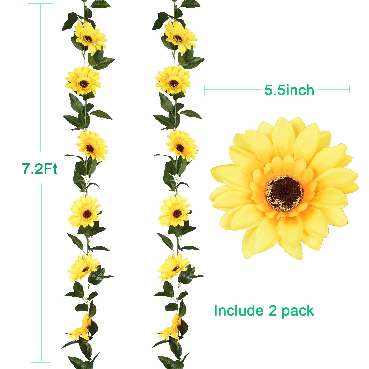 DearHouse 2 Pack Artificial Sunflower Garland Silk Sunflower Vine Artificial Flowers with Green Leaves Wedding Table Décor,7.2Feet 1