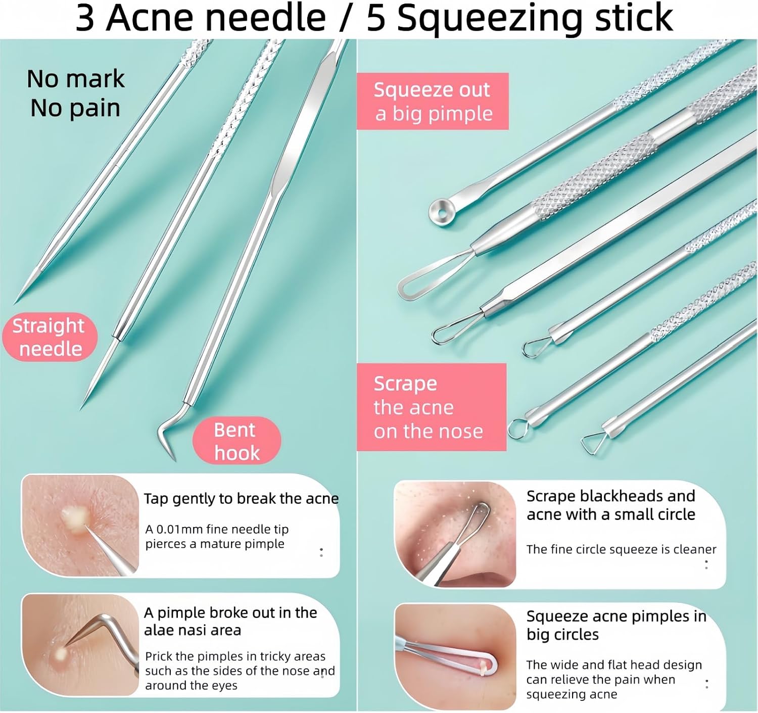 4 Pcs Blackhead Remover Comedone Extractor, Acne Removal Kit, Manual Pimple Popper Tool for Quick and Easy Removal of Pimples, Blackheads on Forehead, Facial and Nose (Grade 4 Pack)