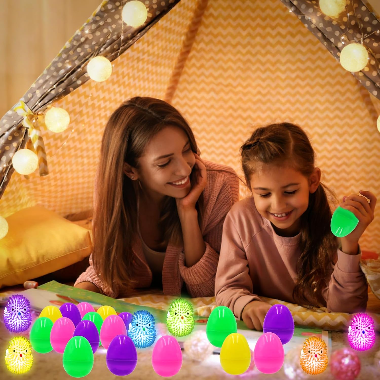 12 Pcs Easter LED Light-Up Puffer Chick Toys with Colorful Eggs | Reusable Sensory Fidget Stress Relief Toys for Kids Adults | Easter Basket Stuffers Fillers, Party Favors, Classroom Prizes