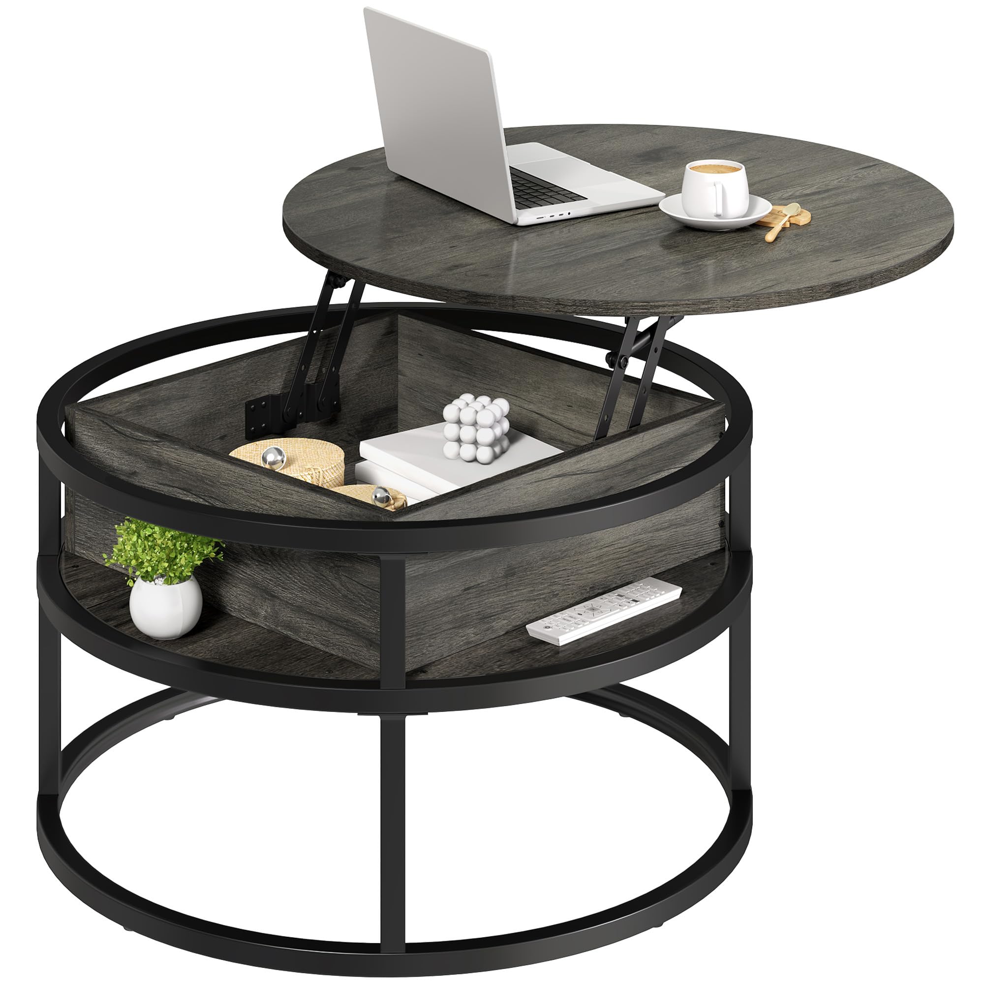YITAHOME Couchtisch Rund mit Hebeplatte, Wohnzimmertisch mit verstecktem Ablagefach, Beistelltisch Rund mit Stauraum für Home Office, Runder Mitteltische Wohnzimmer