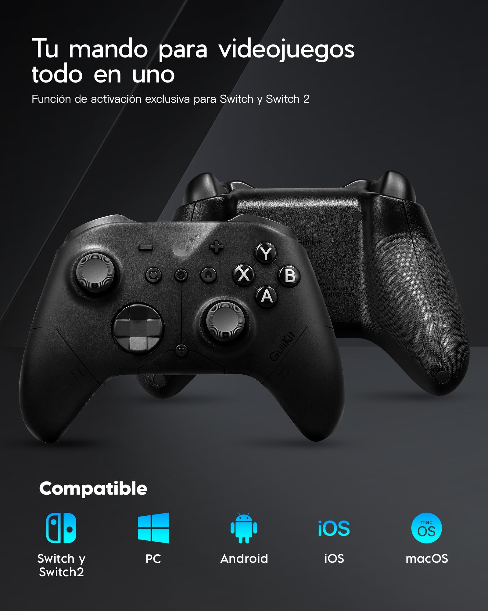 LONGYI GuliKit ES PRO Mando Inalámbrico para PC Switch 1/2 Android, el Mando más Rápido con una Latencia de 3,25 ms, Joysticks TMR, 30 Horas de Duración de la Batería y Función de Activación (Negro)