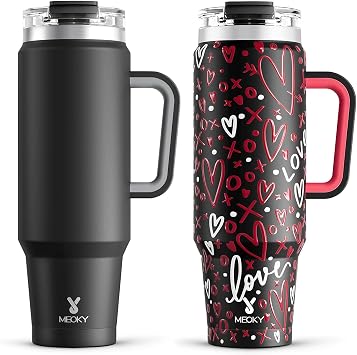 Meoky 40 oz Tumbler with Handle and Straw 2 Pack, Insulated Tumbler with Lid and Straw, Stainless Steel Travel Mug, Keeps Cold for 34 Hours, 100% Leak Proof, Fits in Car Cup Holder Night & Romance