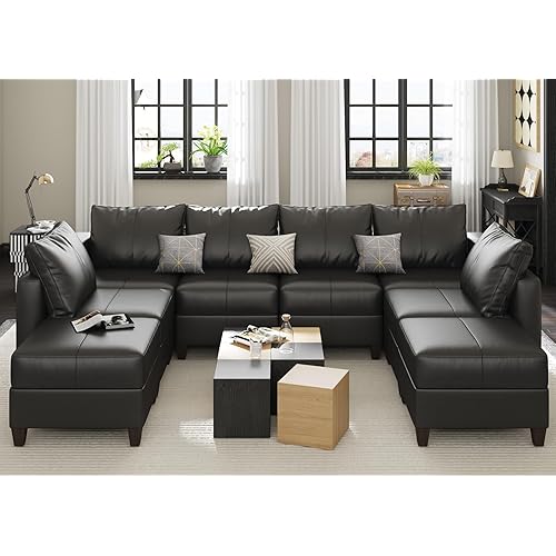 EASE MOOSE Modular Sofa Sectional Couch with Storage Ottomans,Black Faux Leather Sectional Sofa U Shaped Sofa Modular Sectional Sofa Couch