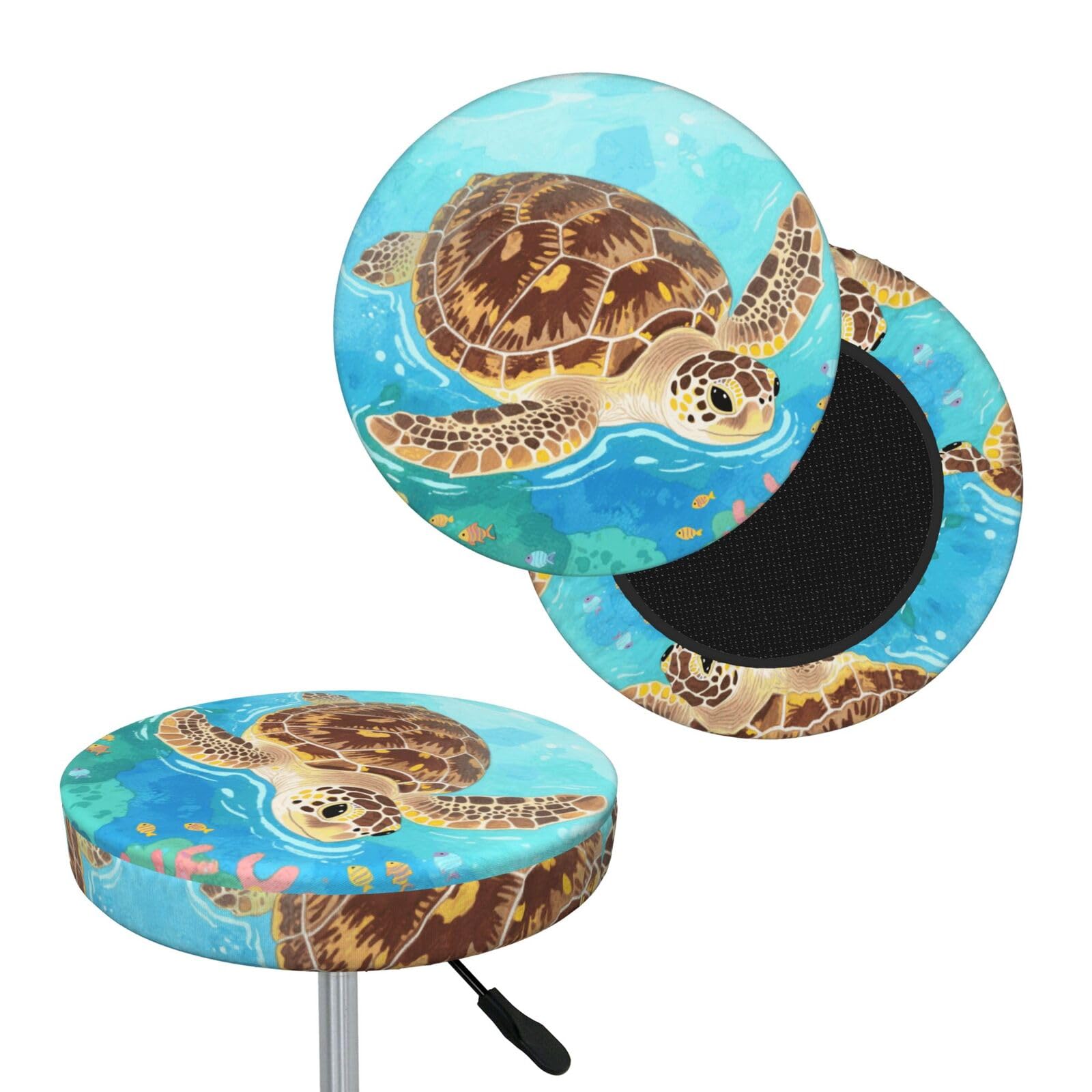 FekiLoot Watercolor Wild Turtle Round Bar Stool Covers Stretch Washable Bar Stool Covers Dustproof Slipcover Bar Chair Covers with Elastic Band for Bar Kitchen Living Room Decor 13 Inch