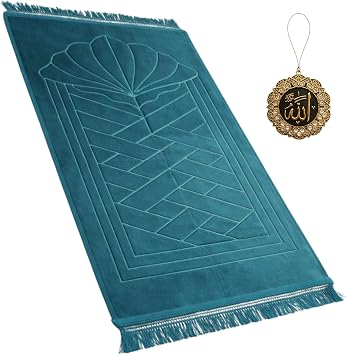 Modefa Muslim Velvet Padded Prayer Rug 31.5 x 47in, Clam Teal | Simple Non Slip Islamic Salah Mat Soft Plush Velvet with Car Hanger
