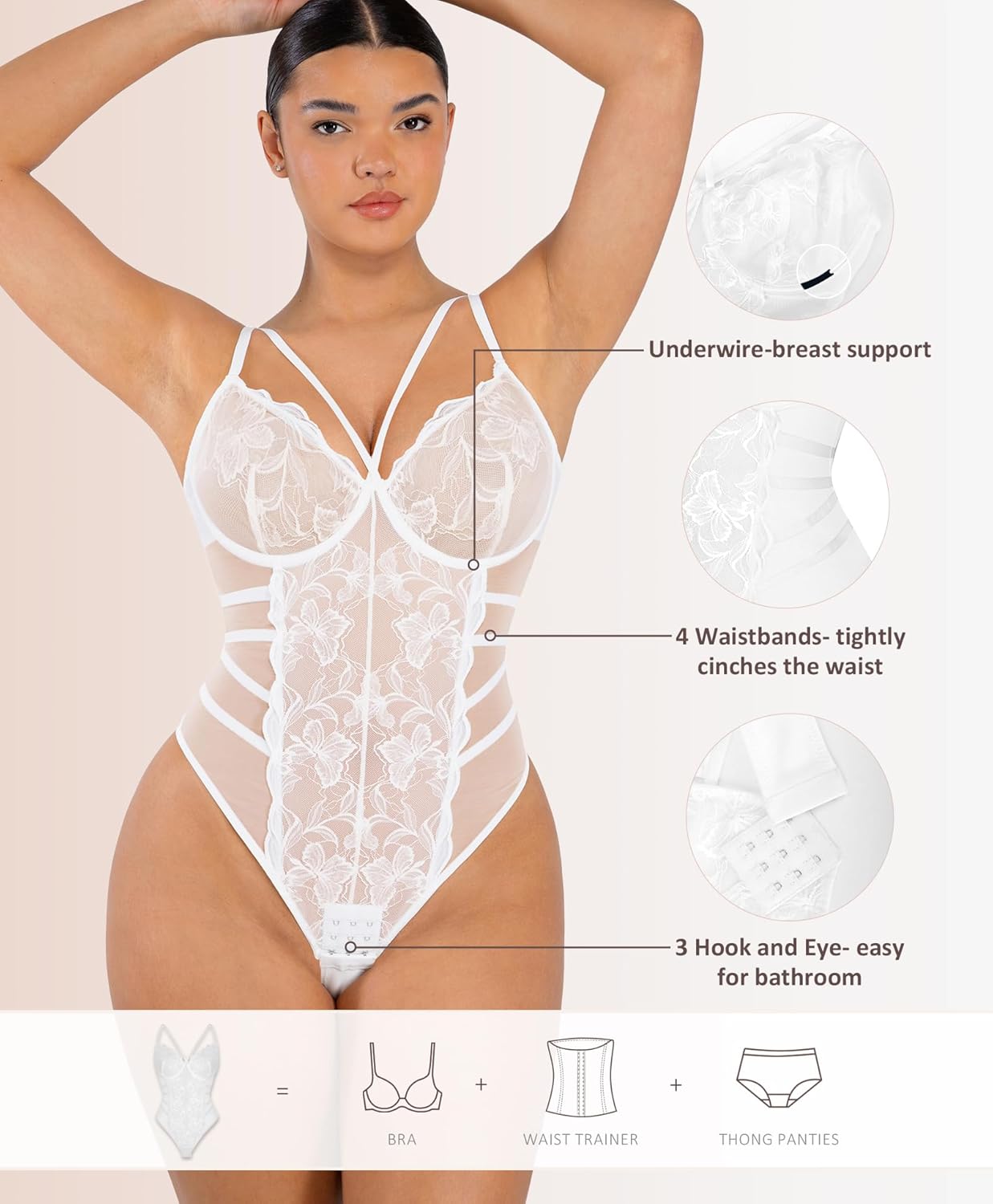 FeelinGirl Lace Shapewear Bodysuits for Women V Neck Sleeveless Tops Tummy Control Body Suits Thong Body Shaper - Image 3