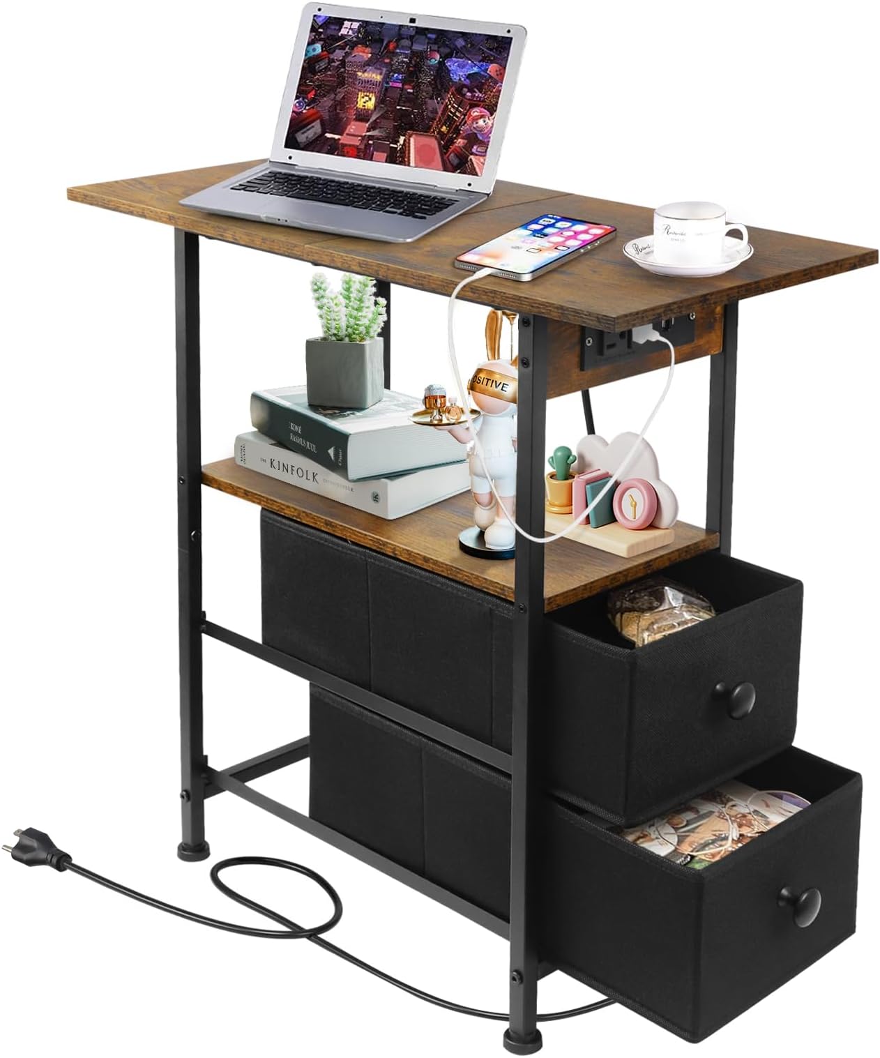 XIAPIANightstand with Charging Station, Narrow Side Table with USB & Type-C Ports, End Table with 2 Drawers and Shelves, Wood Bedside Table for Living Room, Bedroom, Office, Small Spaces