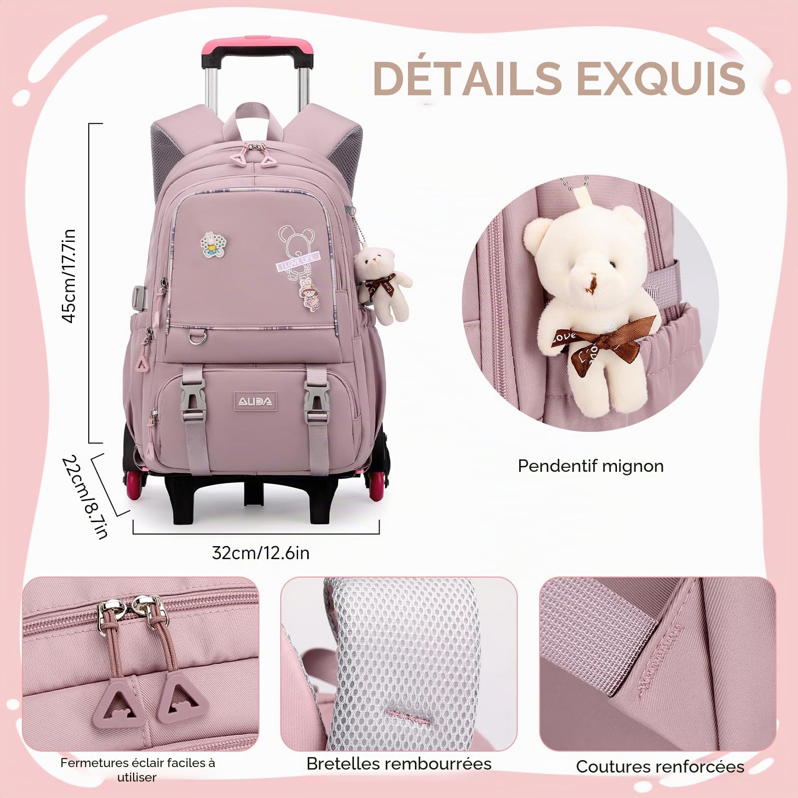 Amythe Cartable à Roulettes pour Fille Collège, Chariot Amovible, Violet