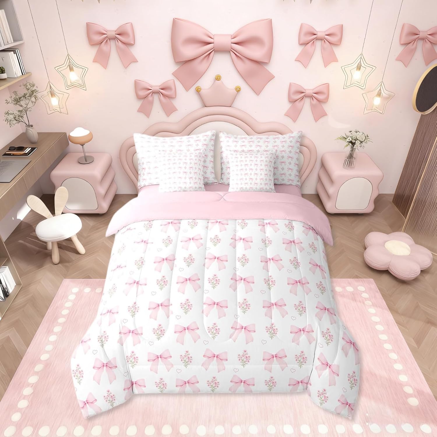 Erosebridal Bow 7 Piece Comforter Set Twin Bed in a Bag for Girls Kids,Girly Pink Floral Coquette Bedding Sets for Child Bow Ribbon Heart Shaped Quilt Dreamy Princess Style Sheet Set with Comforter - Image 4