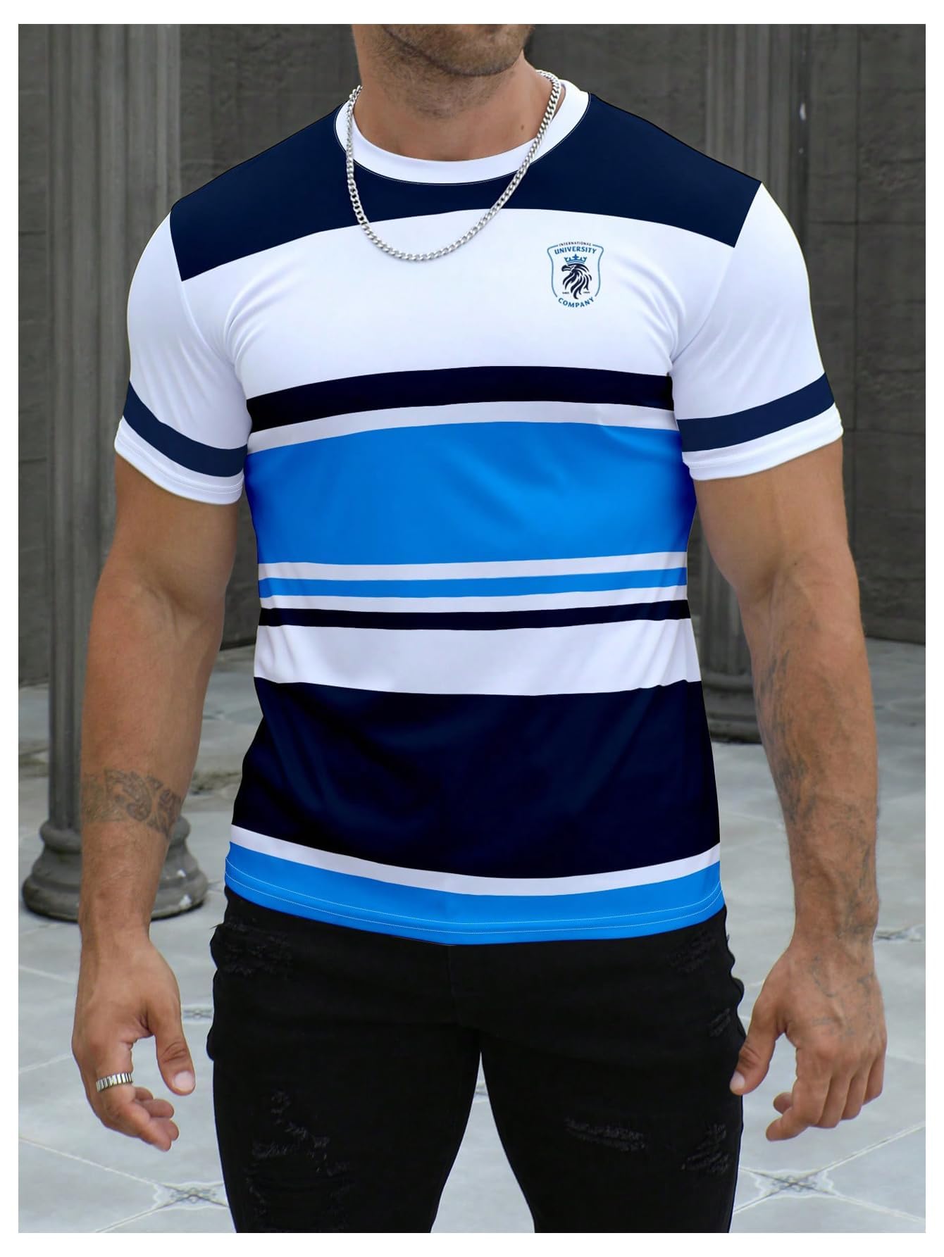 Floerns Camiseta de manga corta con cuello redondo y estampado de rayas para hombre