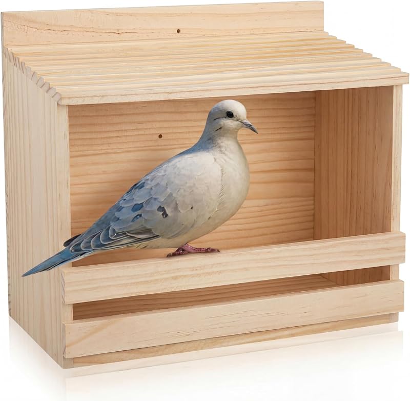 Briwooody Caja Nido de Paloma de Luto Abierta de Madera para Casa de Pájaros de Paloma Exterior 11 H x 14 W x 6 L Pulgadas Nido de Pájaros y Plataforma para Dormir Casa de Pájaros Colgante Decoración de Jardín (techo plano, marrón claro)