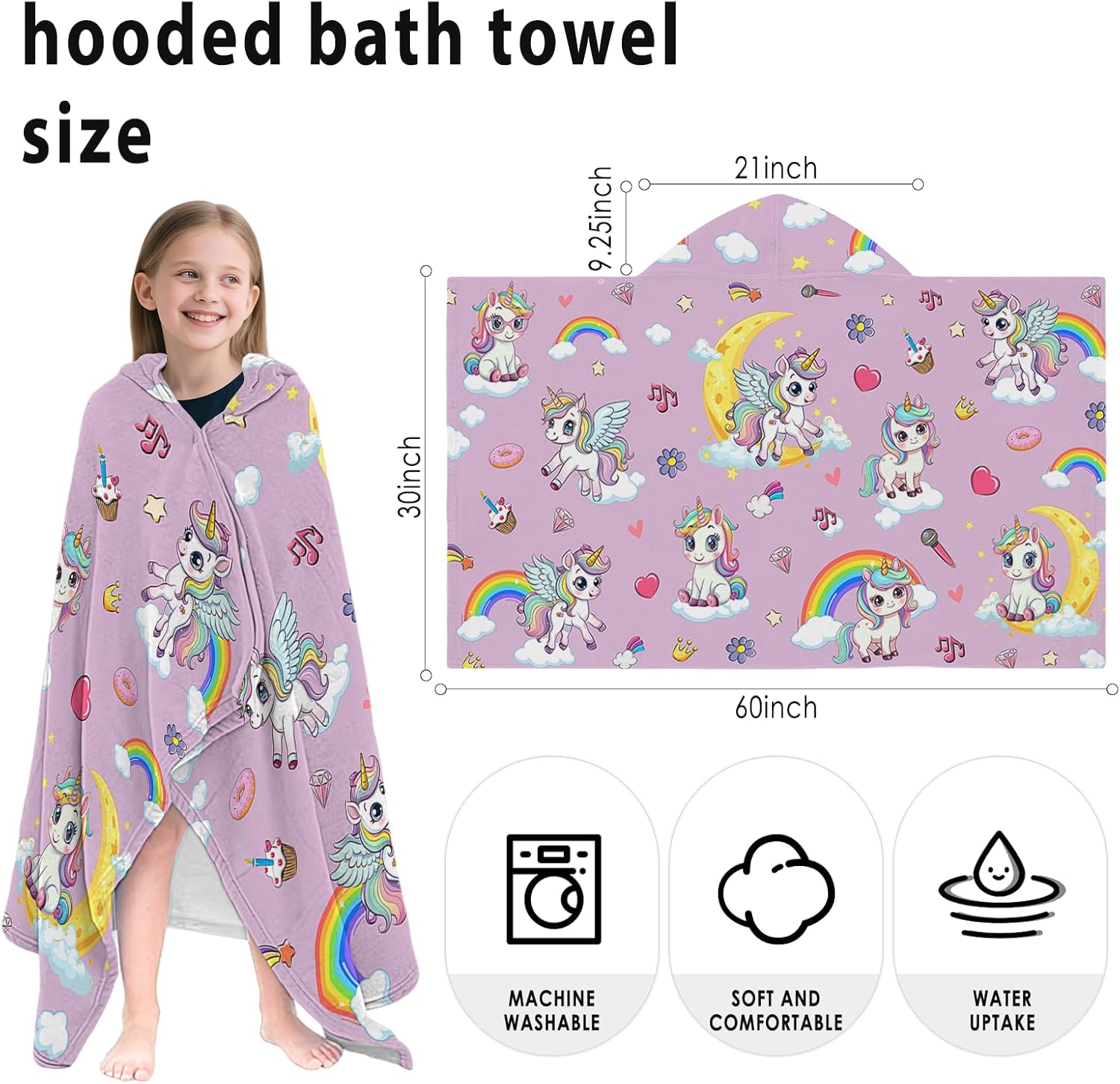 Unicorn Hooded Beach Towel for Kids, Pink Rainbow Hooded Towels for Toddlers 30" x 50", Kids Beach Towels for Pool, Travel, Swim, Unicorn Wearable Bath Towel for Girls, Toddlers - Image 2