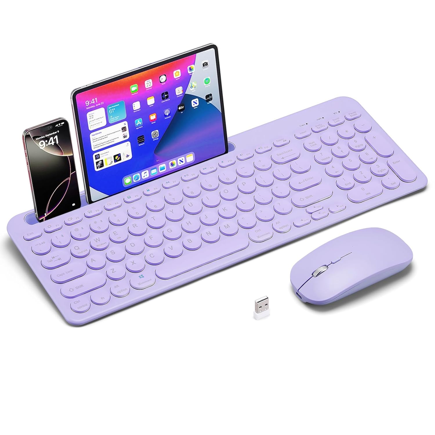 Wireless Keyboard and Mouse Combo with Phone Tablet Holder, Rechargeable Dual-Mode (Bluetooth 5.0 and 3.0 +2.4G) Multi-Device Silent Mouse for Windows, iPad, Tablet, MacOS,iOS,Android (Purple)