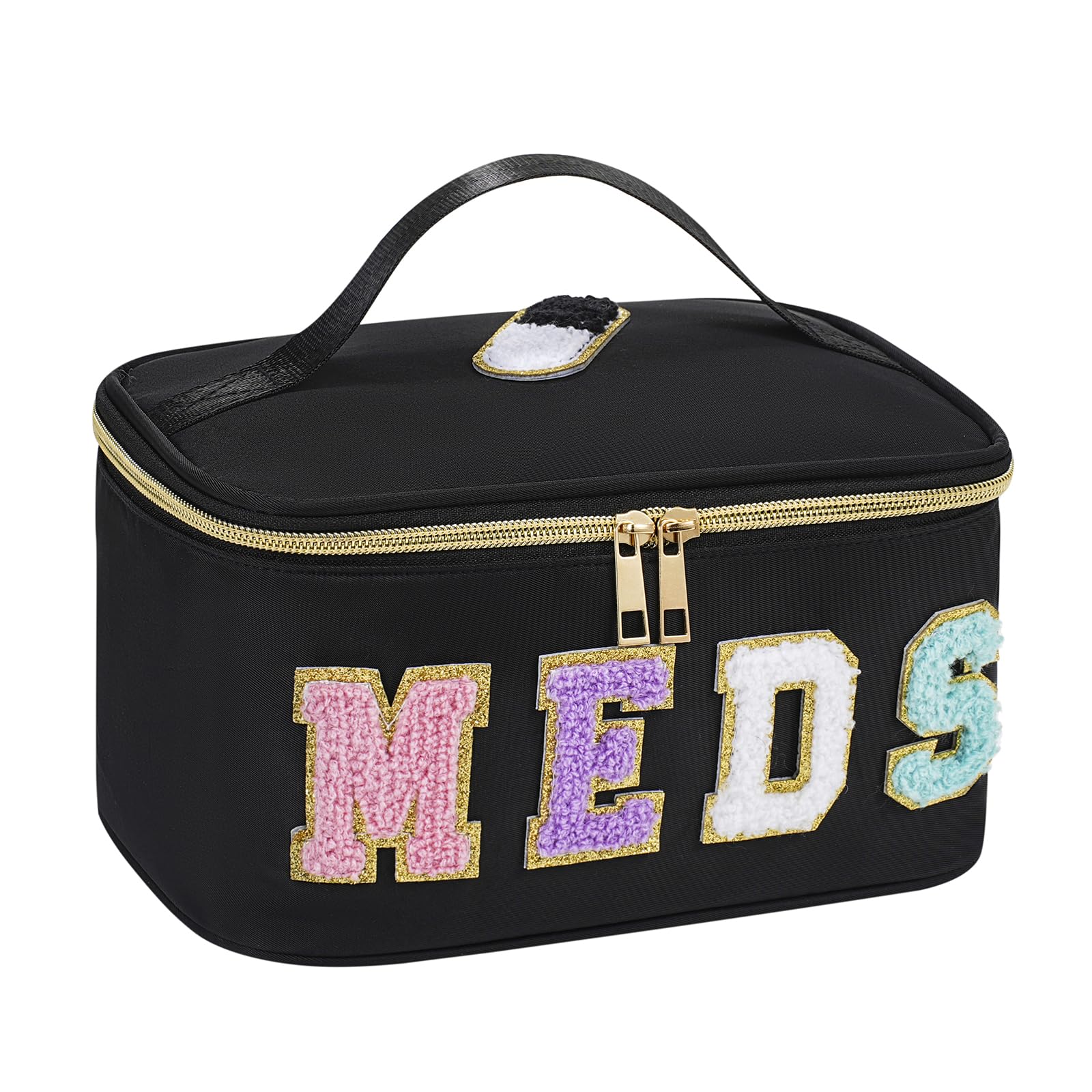 uekeboag Chenille Letter MEDS Nylon Makeup Bag(13Black) | Personalized Large Size Cosmetic Toiletry Storage bag with Top Handle, Meds First Aid Travel Organizer Bag