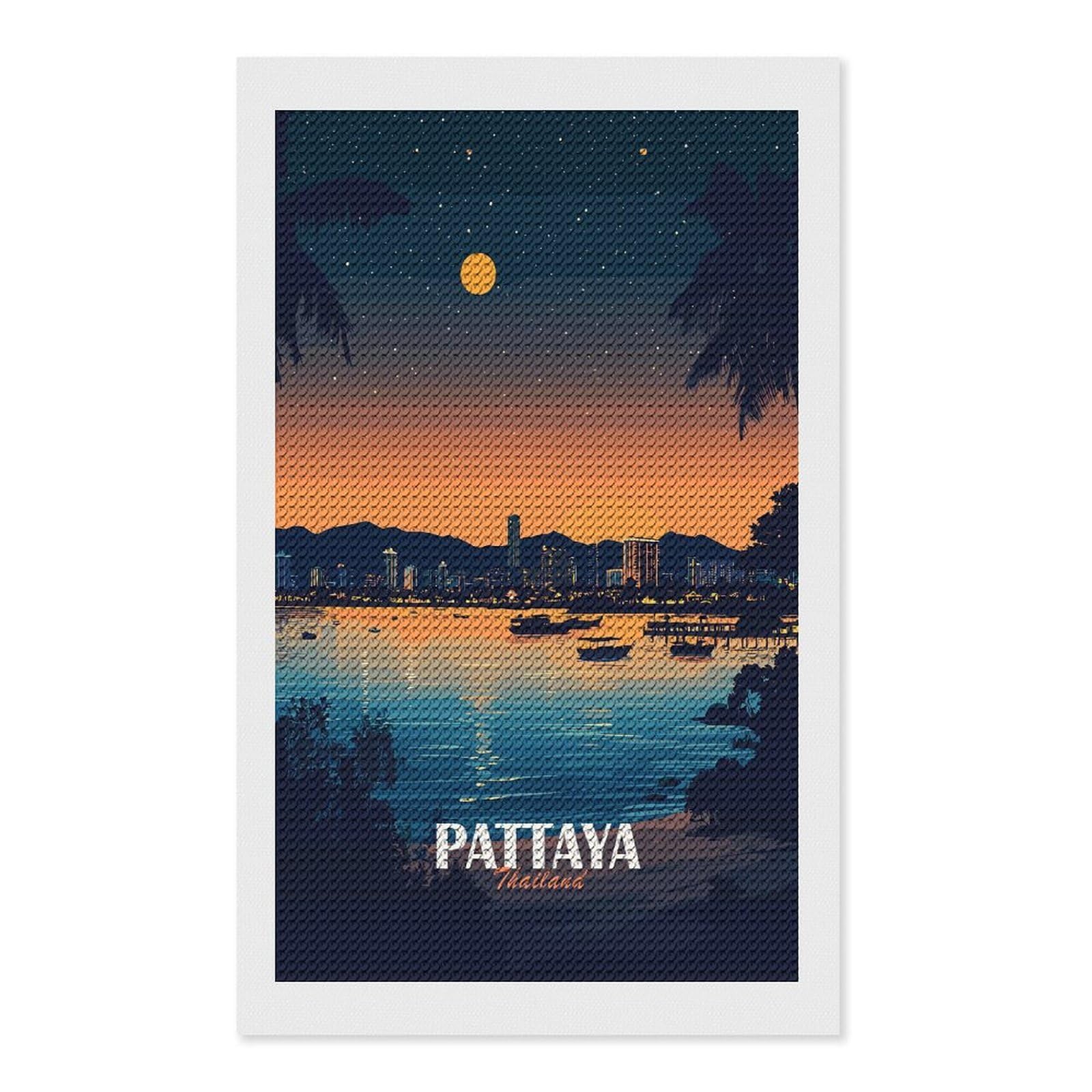 Junmoney Pattaya Thailand Cityscape at Night Diamond Painting Canvas Set 12"x20", with Tool Kit, Easy to Enjoy, Home Wall Decor, Thoughtful Handmade Gift