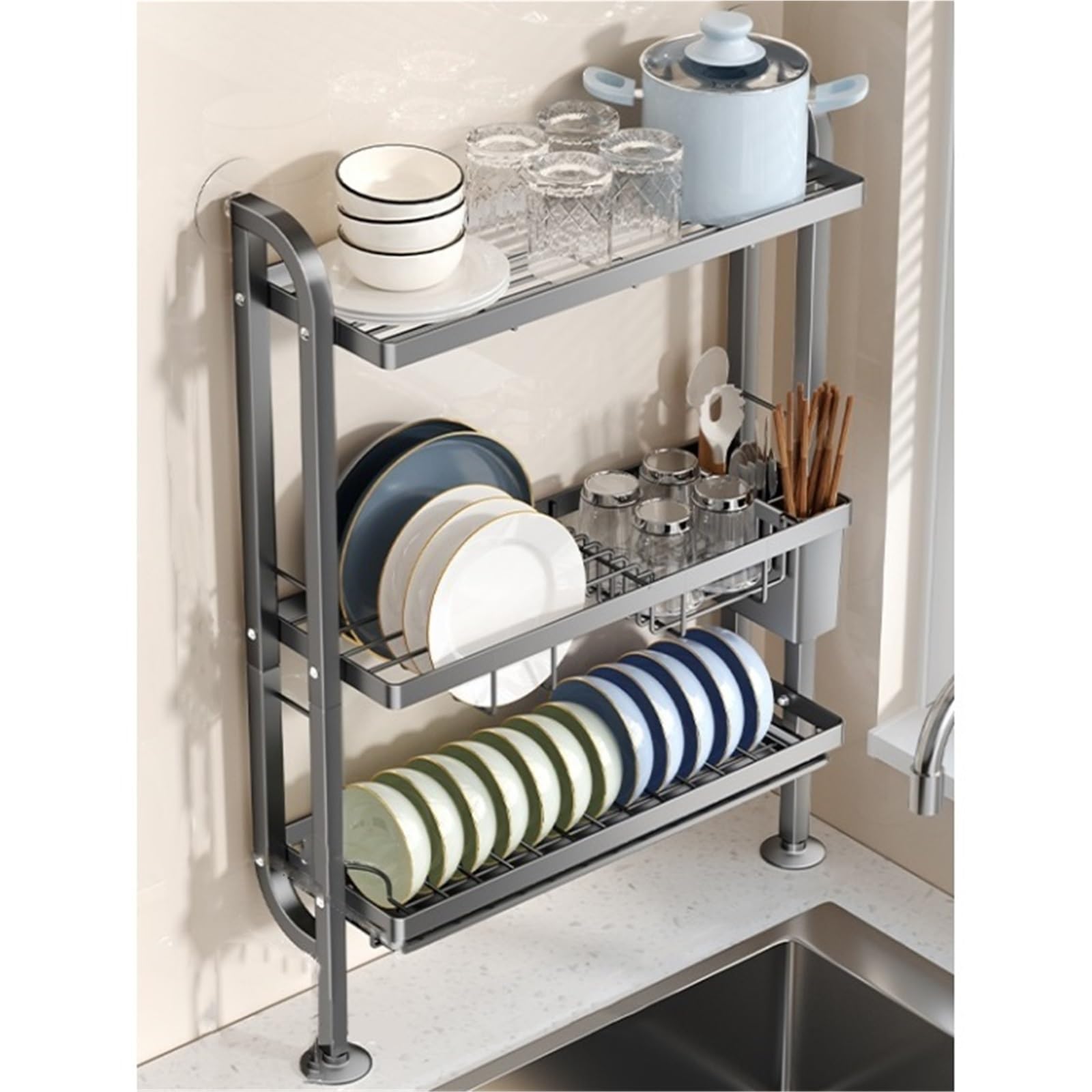 Escurridor de Platos de 3 Niveles para la encimera de la Cocina, Soporte para Cubiertos, Rejilla de Drenaje para el Fregadero, Organizador de Cocina y Estante de Almacenamiento para Platos y