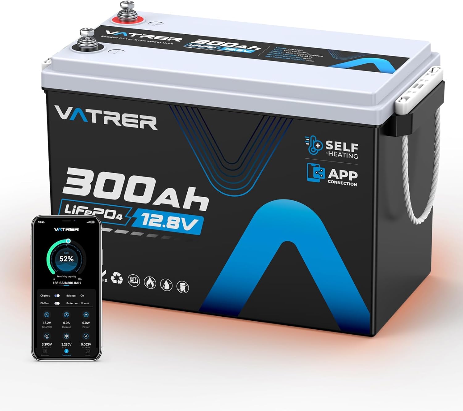 12V 300Ah Self-Heating LiFePO4 Lithium Battery with APP Monitoring, Low/High Temp Cut off, Built-in 200A BMS, Rechargeable Deep Cycle Battery for Trolling Motor, RV, Marine,Solar,Camping,Off-Grid,etc.