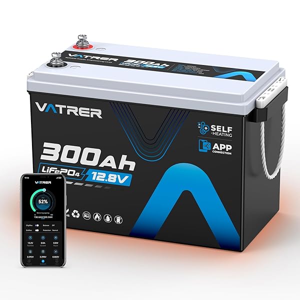 12V 300Ah Self-Heating LiFePO4 Lithium Battery with APP Monitoring, Low/High Temp Cut off, Built-in 200A BMS, Rechargeable Deep Cycle Battery for Trolling Motor, RV, Marine,Solar,Camping,Off-Grid,etc.